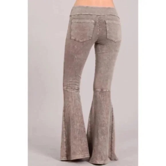 Desert Taupe Mineral Wash French Terry Flared Bell Bottom Pull On Pants Pockets - Picture 2 of 5